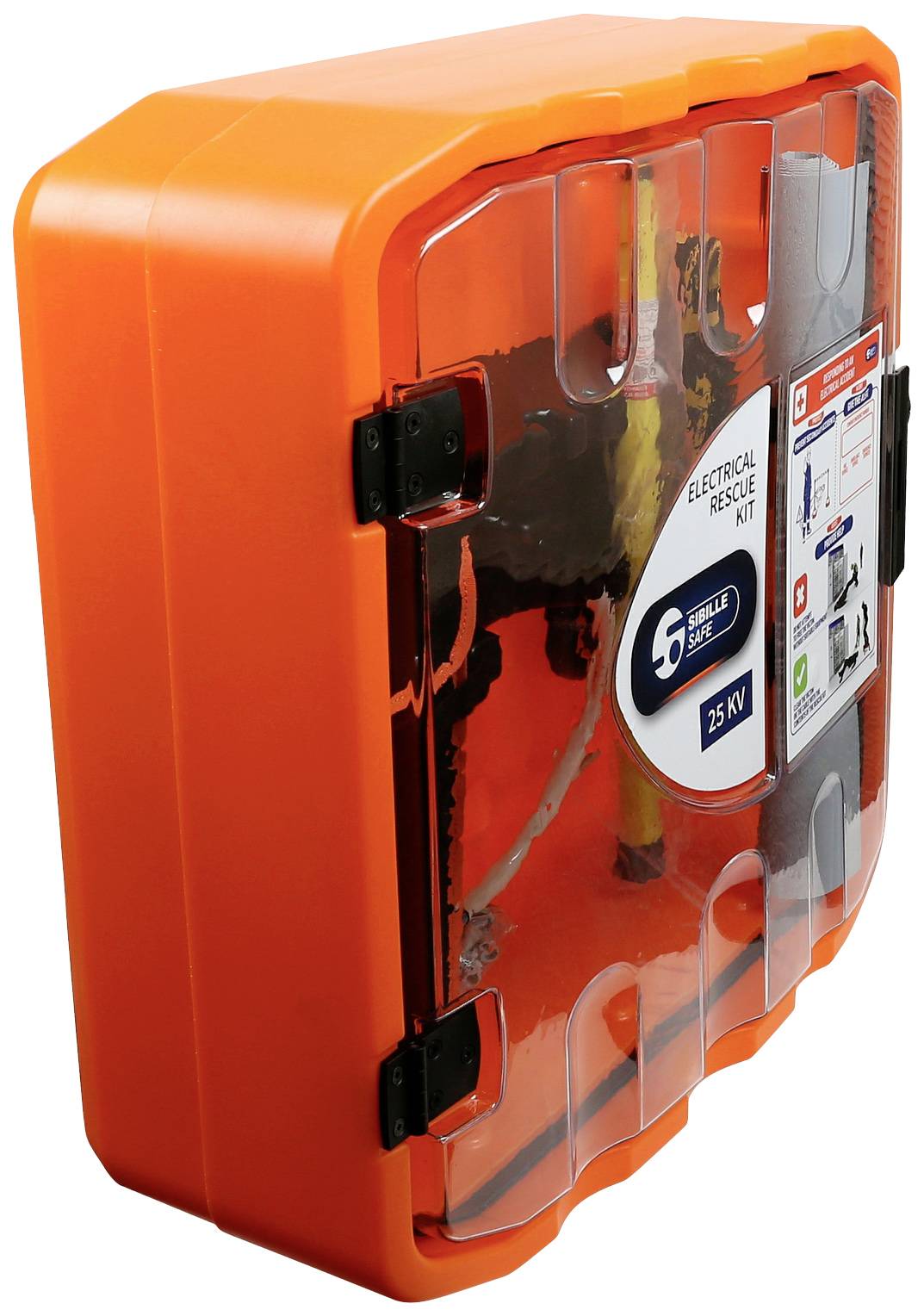 Ein orangefarbenes elektrisches Rettungsset mit transparentem Deckel. Enthält Werkzeuge und Schutzausrüstung für Notfälle.