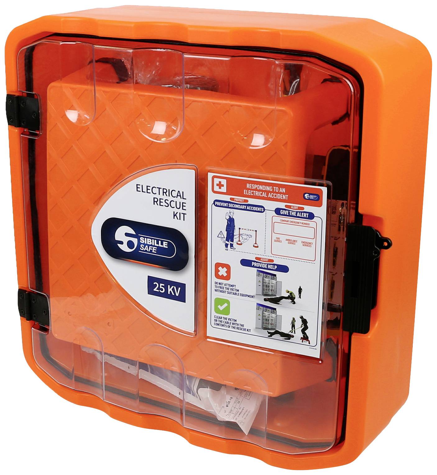 Ein orangefarbenes Rettungsset für elektrische Notfälle mit der Aufschrift 'Electrical Rescue Kit 25 KV' auf der Vorderseite.