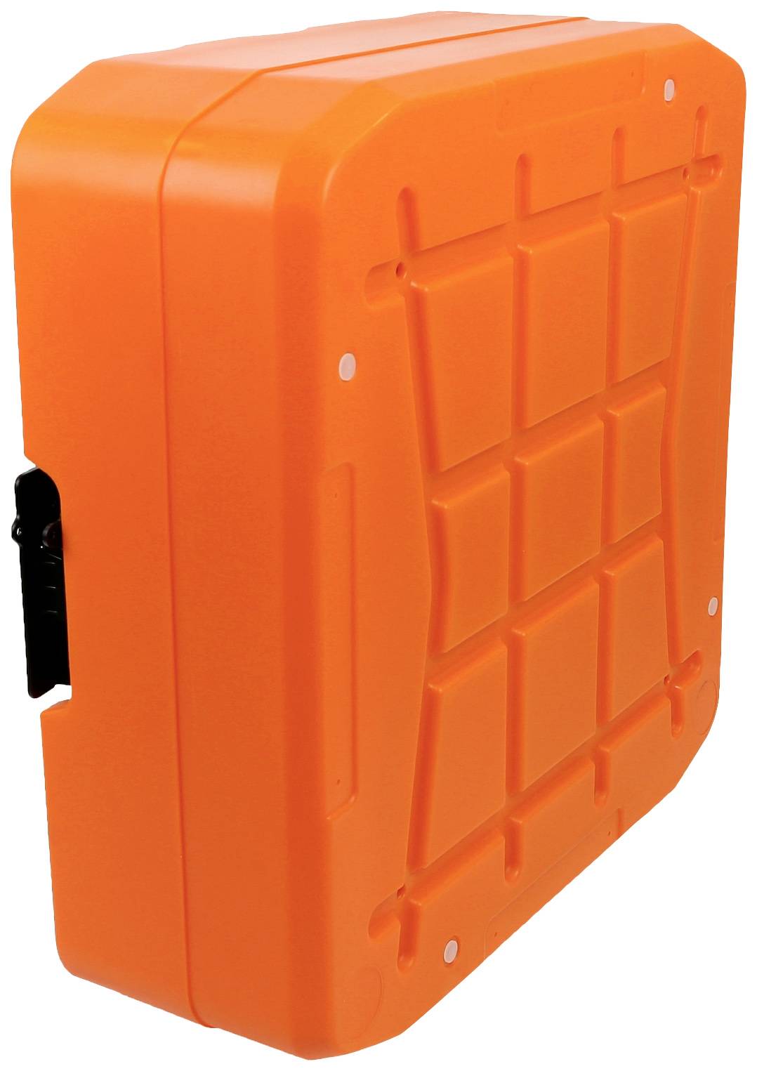 Ein leuchtend orangefarbener, rechteckiger Kunststoffbehälter mit einem schachbrettartigen Muster auf der Oberfläche.