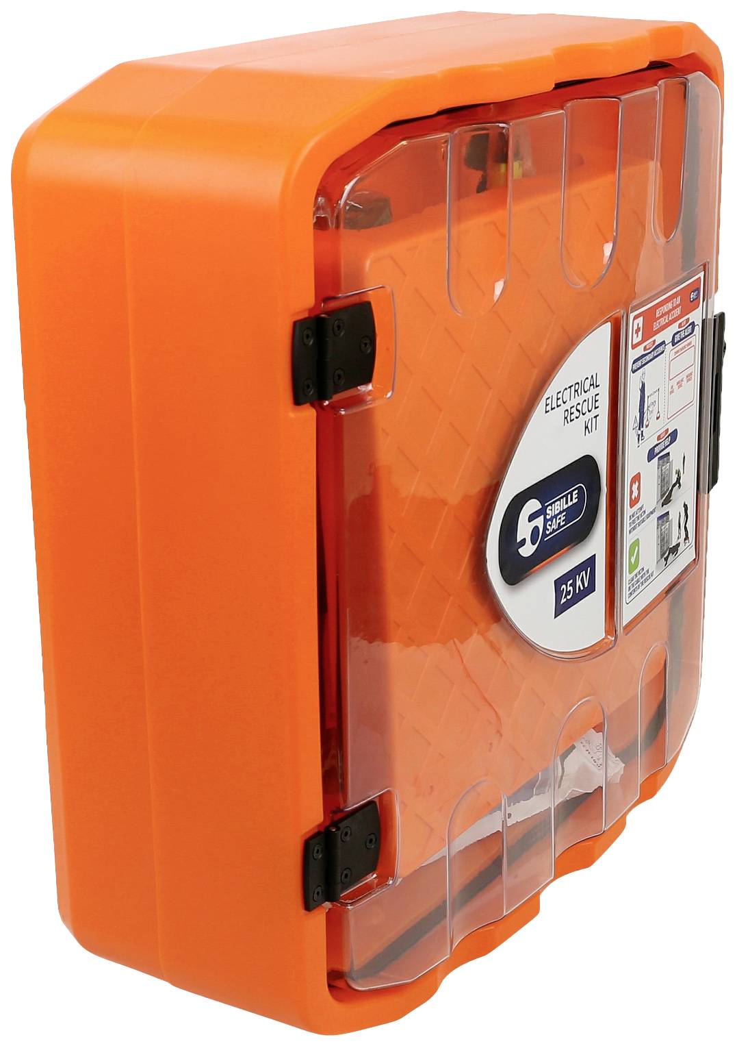 Orange Notfallset für elektrische Rettung, geeignet für bis zu 25 kV. Enthält Sicherheitsausrüstung und ist für Notfälle gedacht.
