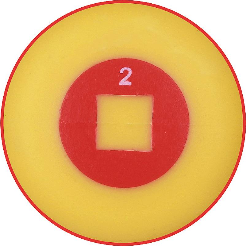 Roter Kreis mit der Zahl '2' in der Mitte, umgeben von gelbem Hintergrund.