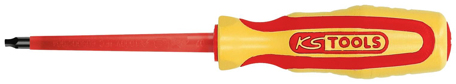 Isolierter Schraubendreher mit rotem Griff und gelbem Schriftzug 'KS Tools'.