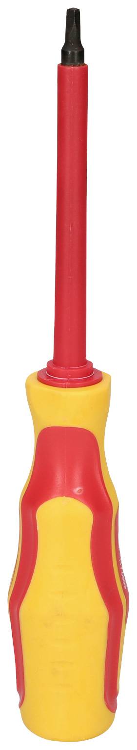 Ein isolierter Schraubendreher mit rotem Griff und gelber Isolierung, geeignet für Arbeiten an elektrischen Anlagen.