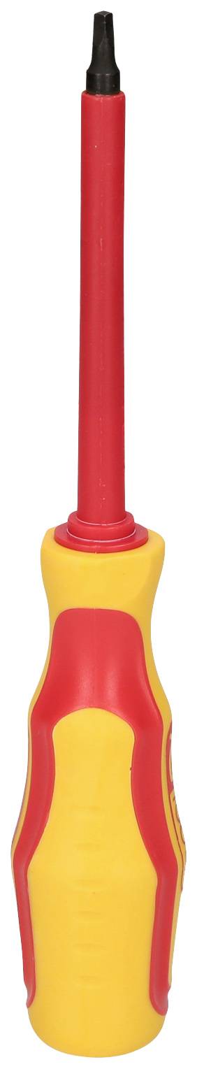 Ein isolierter Schraubendreher mit rotem und gelbem Griff und schwarzer Spitze, geeignet für elektrische Arbeiten.
