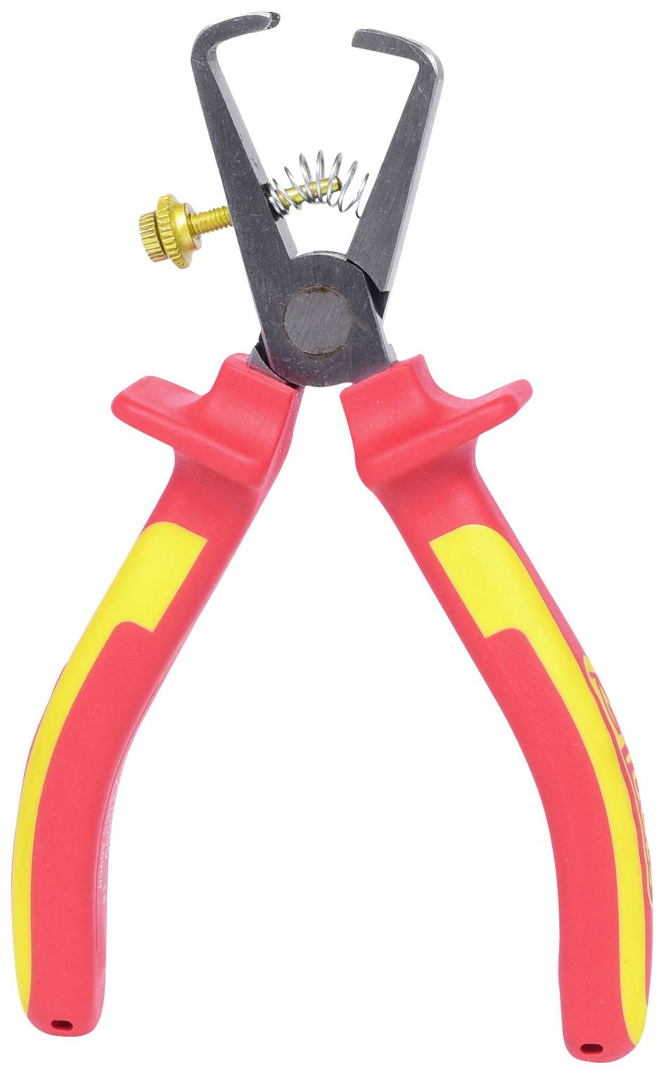 Zange mit roten Griffen und gelber Beschriftung, geeignet für Elektroarbeiten. Schraubenmechanismus oben für Feineinstellungen.