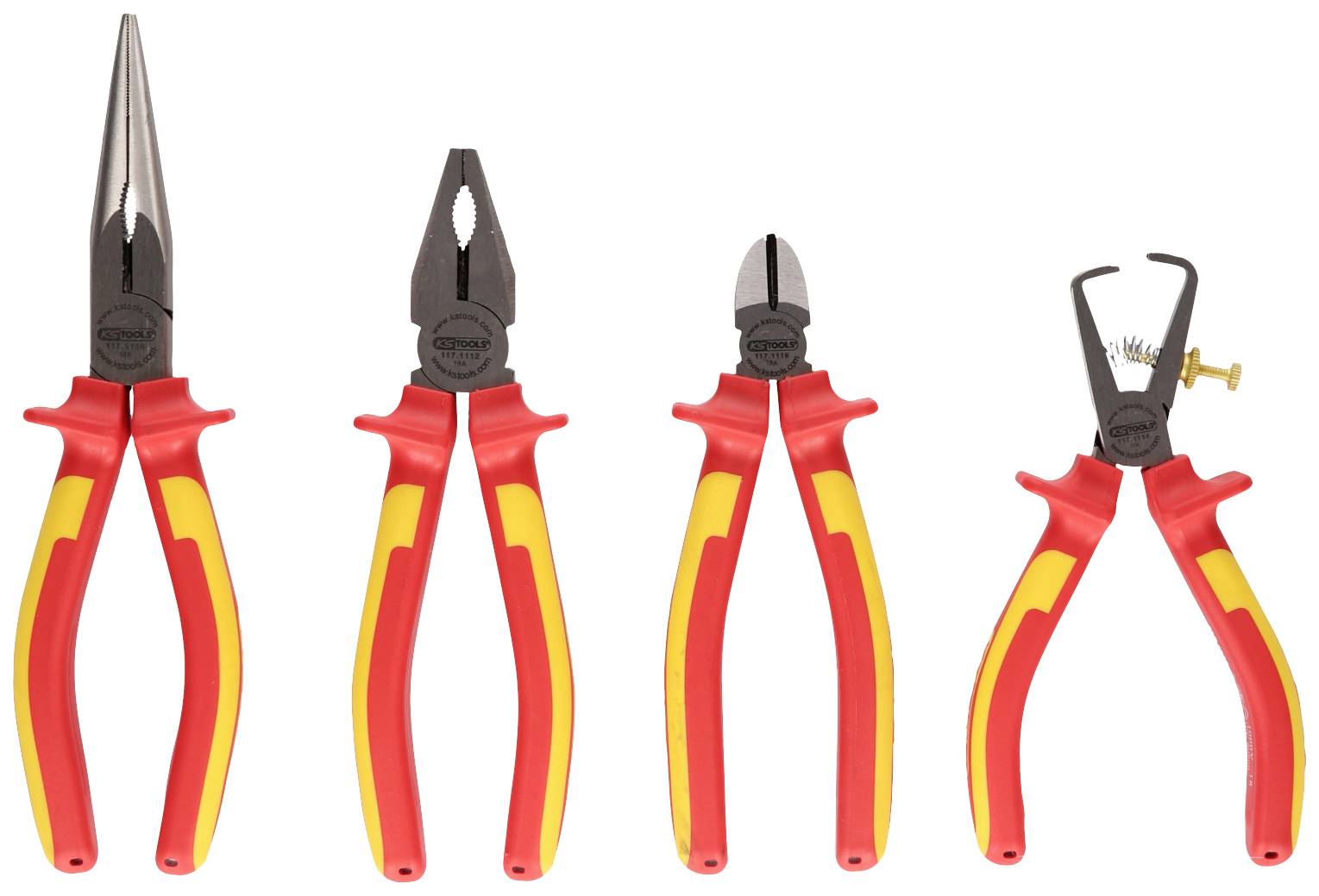 Vier Zangen mit rot-gelben Griffen: Flachzange, Kombizange, Seitenschneider und Spitzzange mit Haltefeder und Schraube.