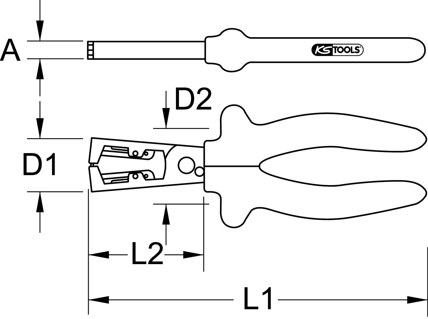Technische Zeichnung von Zange und Schraubendreher mit Maßangaben. Bezeichnung 'KS Tools'. Zeigt Dimensionen L1, L2, D1, D2 und A.