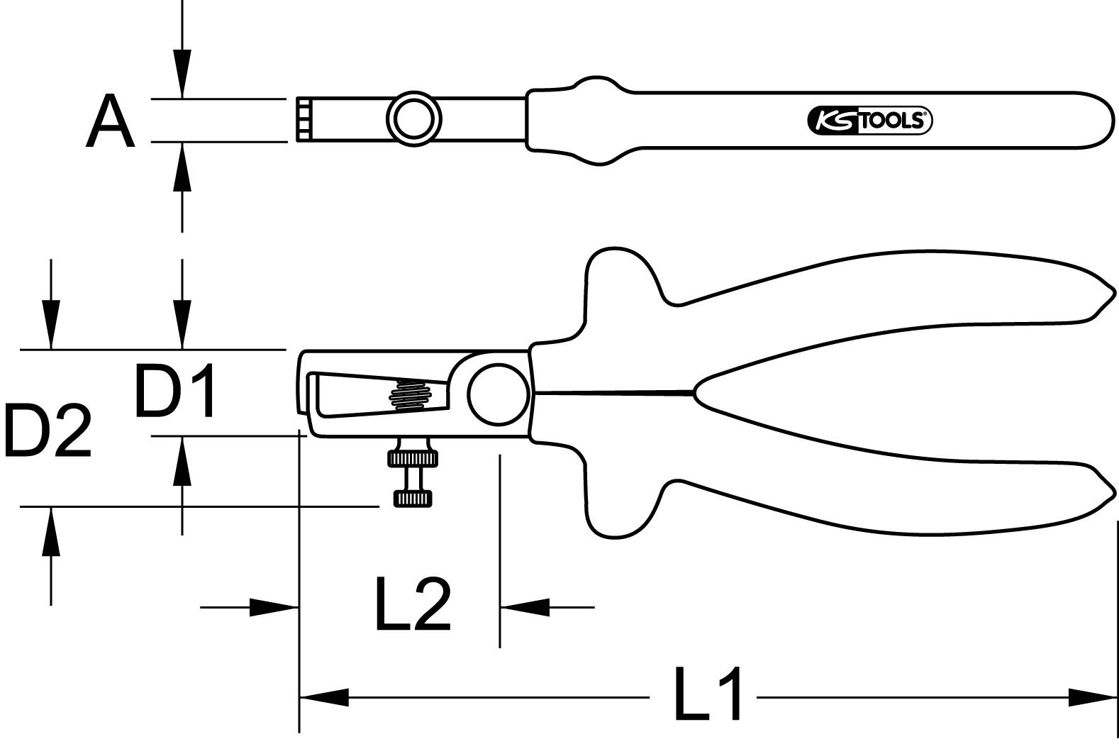 Zeichnung zweier Werkzeuge von KS Tools mit Maßangaben: Werkzeug A hat die Maße D1, D2 und L1; Werkzeug B die Maße D1, L1 und L2.