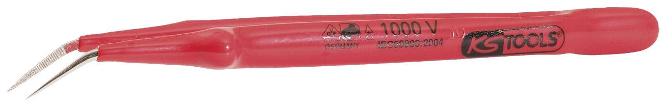 Rote, isolierte VDE-Pinzette mit gebogenem Ende, geeignet für Arbeiten an elektrischen Anlagen bis 1000 V.