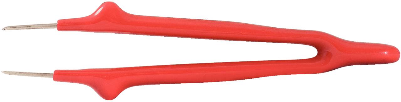 Rote Kunststoffpinzette mit spitzen Metallenden, geeignet zum präzisen Greifen kleiner Objekte oder elektrischer Komponenten.