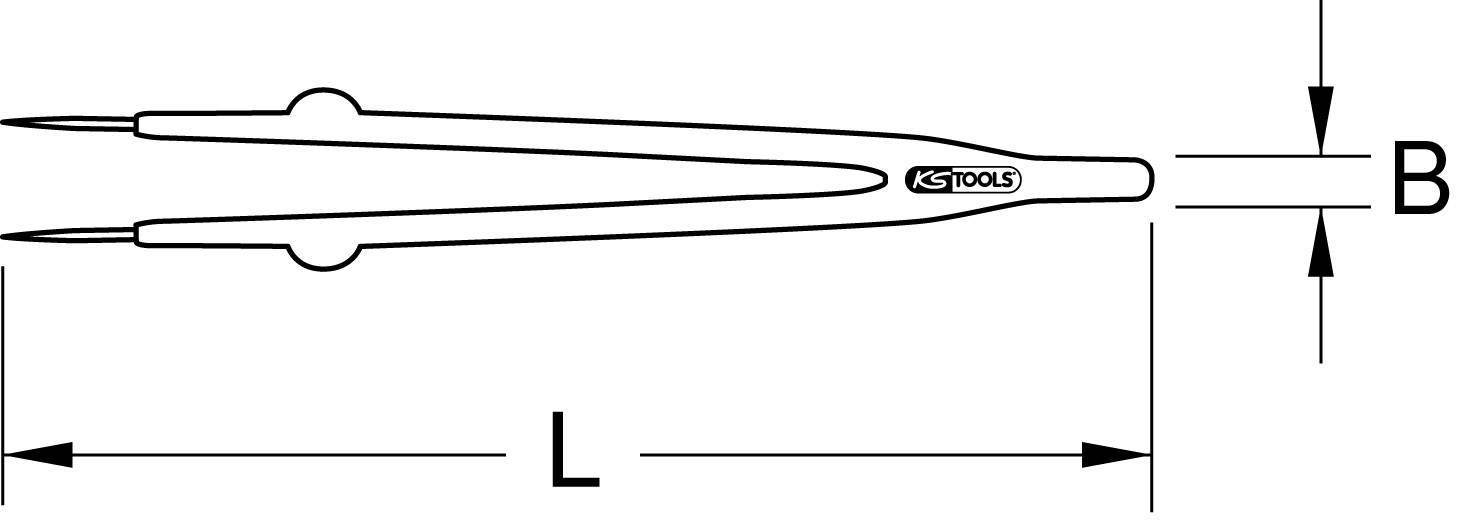 Schablone eines Zirkelmesswerkzeugs mit den Markierungen 'L' für Länge und 'B' für Breite, verwendet zur Vermessung.