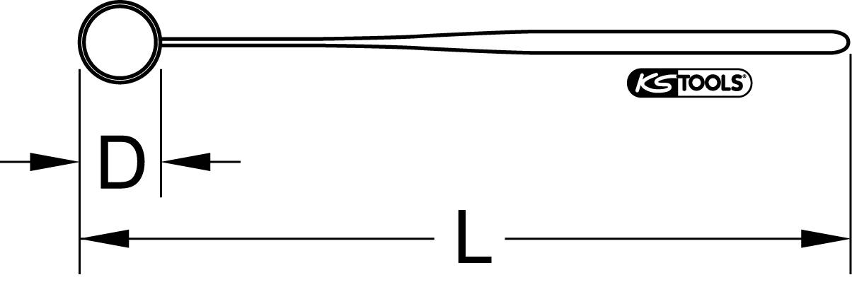 Technische Zeichnung eines Ringschlüssels mit den Maßen 'D' für Durchmesser und 'L' für Länge. Enthält 'KS Tools'-Logo.