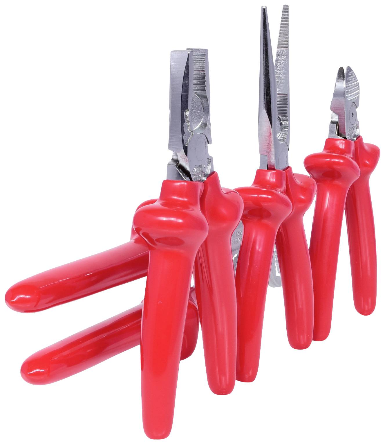 Drei rote Zangen nebeneinander, jede mit einem unterschiedlichen Kopf: Flachzange, Spitzzange und Seitenschneider.