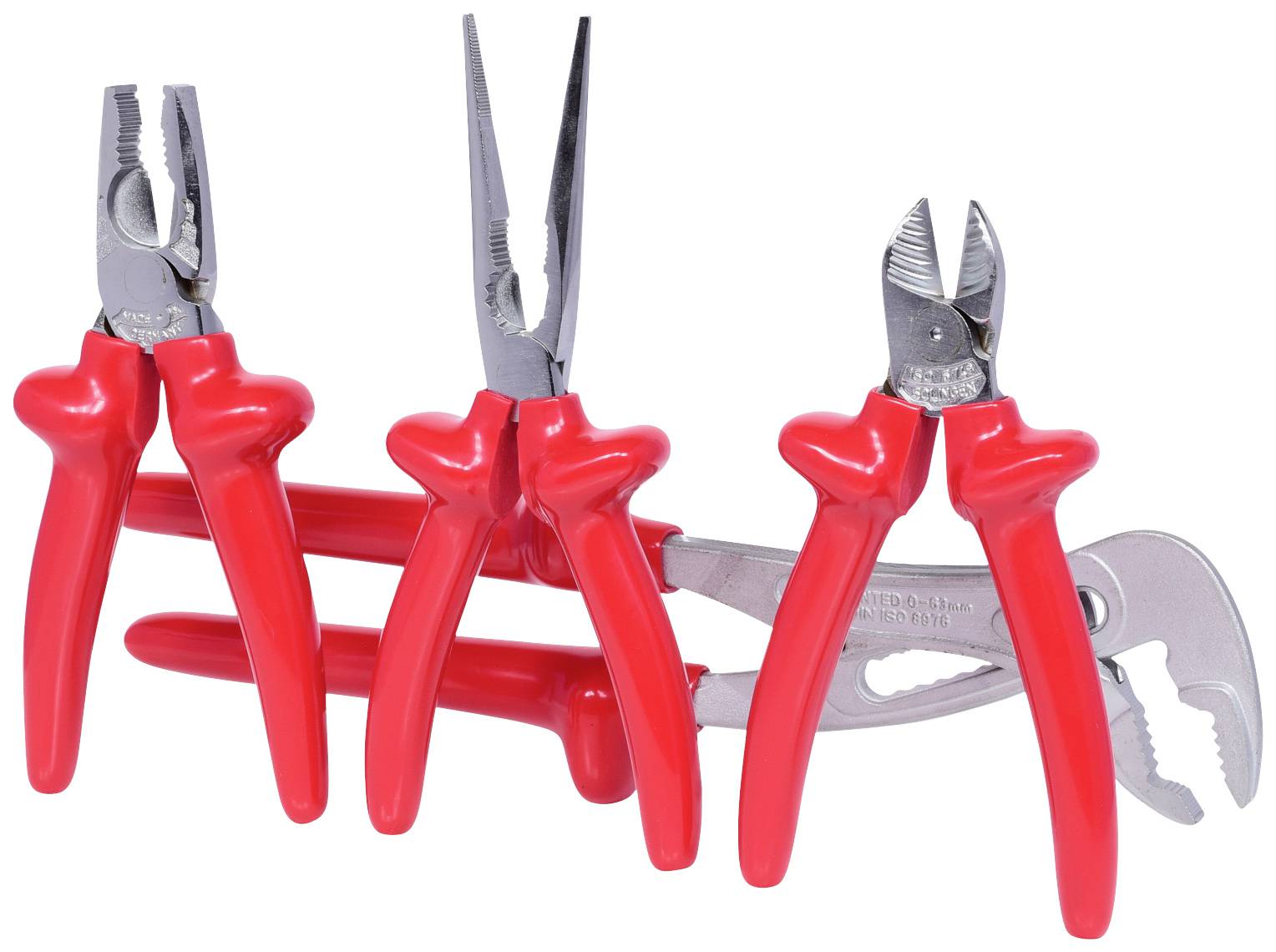 Ein Set von vier roten Handwerkzeugen, darunter Zange, Spitzzange, Seitenschneider und Rohrzange, auf weißem Hintergrund.