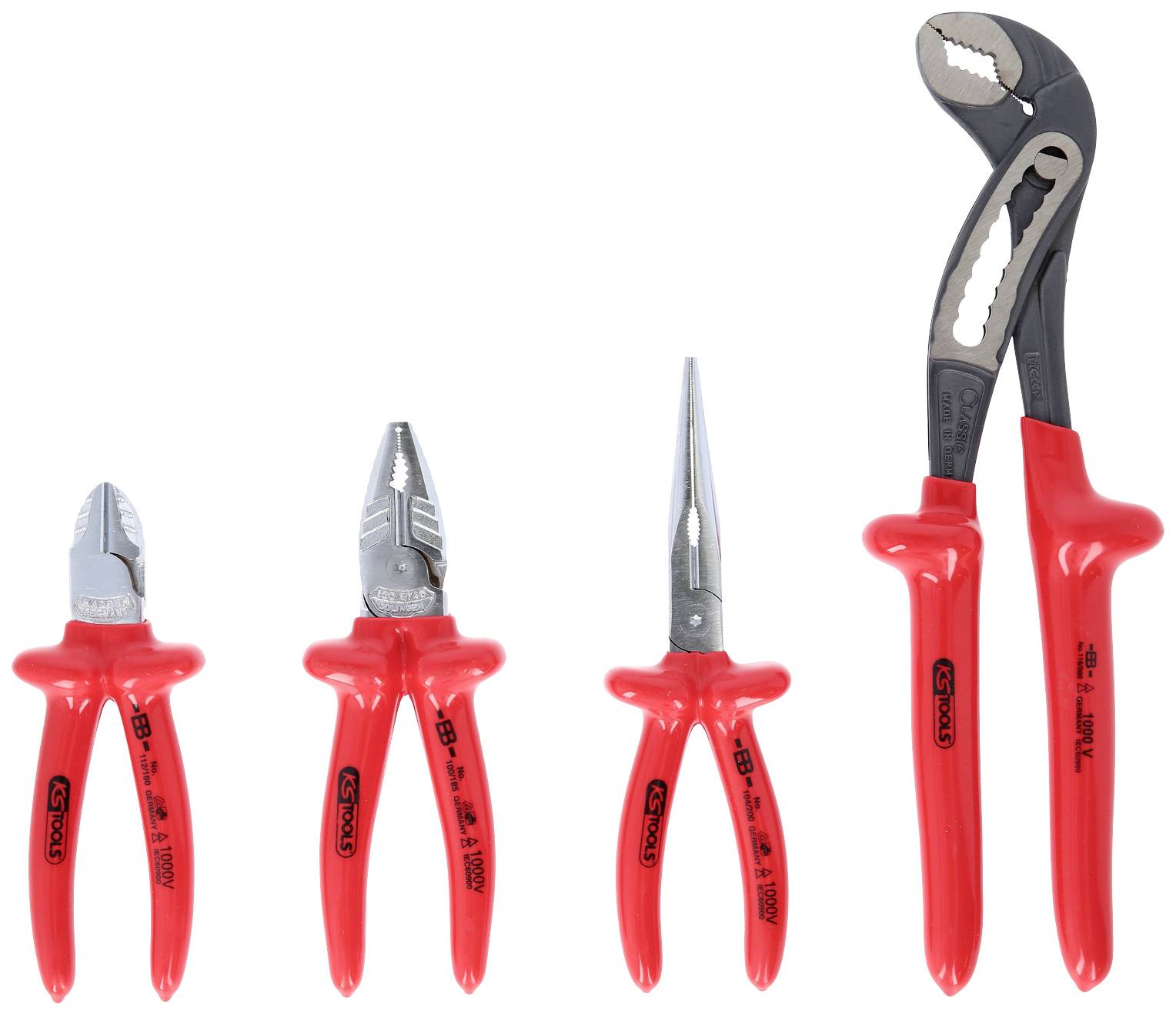 Vier rote Handwerkzeuge: Seitenschneider, Kombizange, Spitzzange und Wasserpumpenzange. Für verschiedene Reparaturarbeiten geeignet.
