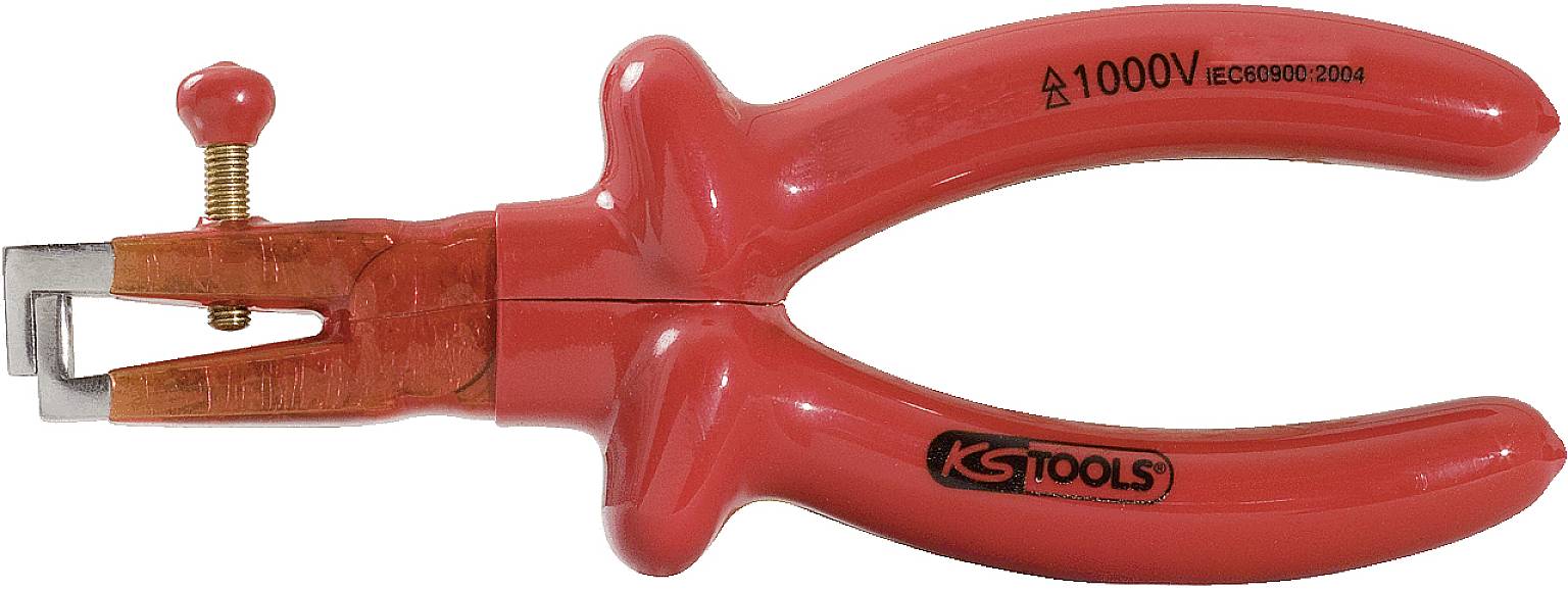 Rote Abisolierzange mit ergonomischem Griff, geeignet für Kabel bis 1000V, Markenlogo 'KS Tools' sichtbar.