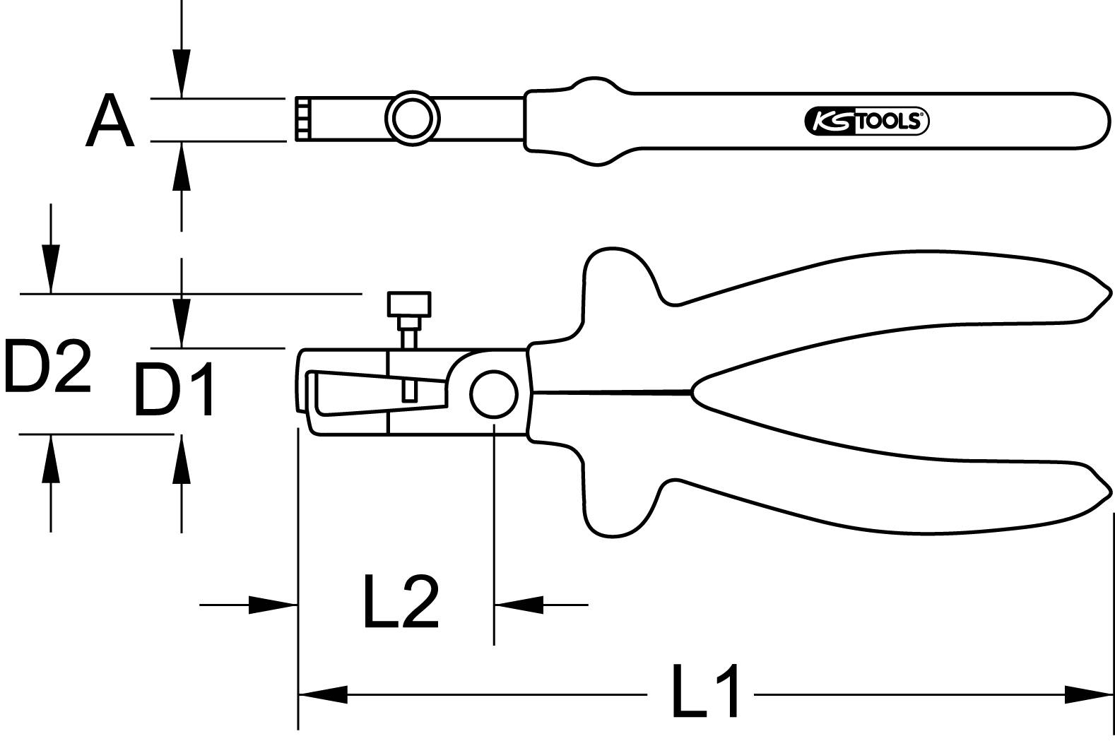 Technische Zeichnung einer Zange. Markierungen zeigen Längen: D1, D2, L1, L2 und A. Auf dem Griff steht 'KS Tools'. Essenziell für Größenverhältnisse.