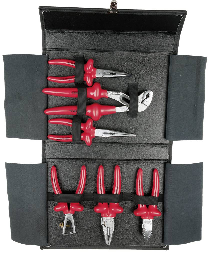 Ein Werkzeugsatz mit sechs Zangen, vier roten Griffen oben und zwei unten, in einem offenen schwarzen Etui angeordnet.
