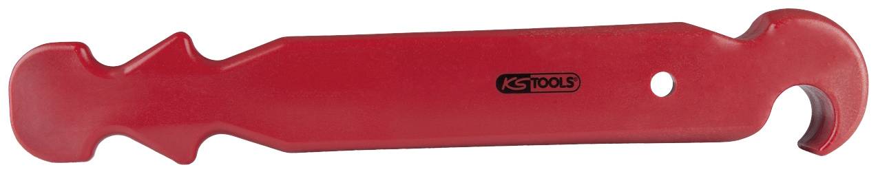 Roter Wunderhebel von KS Tools, ein multifunktionales Werkzeug mit Haken und Kerben zum Hebeln, Schaben oder Öffnen von Gegenständen.