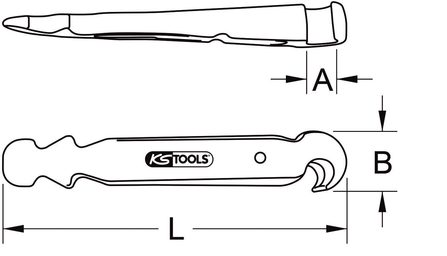 'KS Tools' Zeichnung eines Ratschenschlüssels mit den Maßen A und B sowie der Gesamtlänge L.