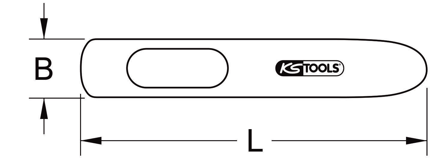 Technische Zeichnung eines KS Tools Stifts. Markiert sind Länge (L) und Breite (B).