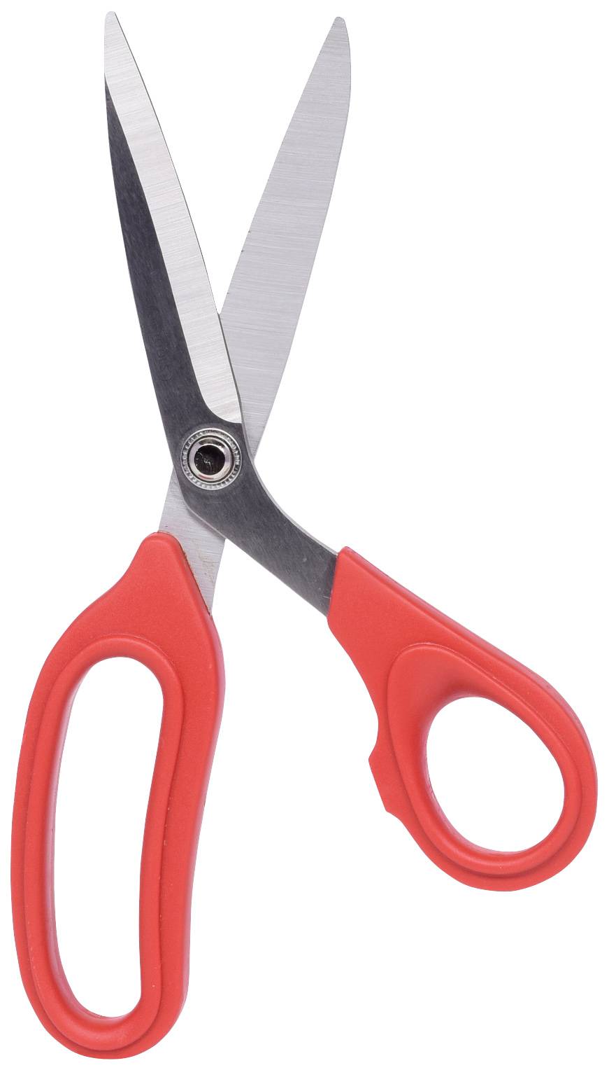 Eine rote Schere mit Metallklingen und Plastikgriffen, offenstehend im Hintergrund. Geeignet zum Schneiden von Papier oder Stoff.