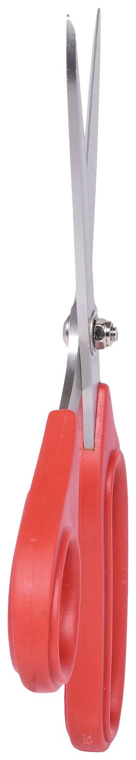 Rote Schere mit metallischen Klingen, aufrecht stehend. Ideal für Bastelarbeiten oder Bürogebrauch.