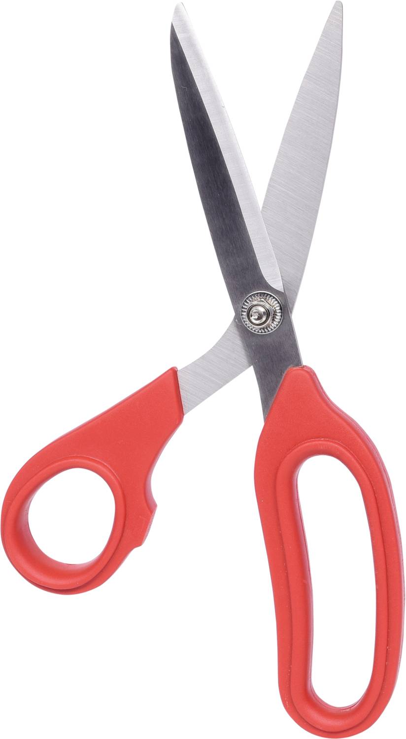 Eine rote Schere mit Metallklingen, geöffnet und bereit zum Schneiden. Sie hat zwei unterschiedlich große Griffe.