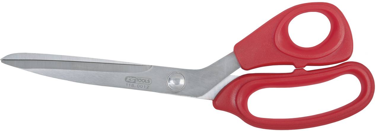 Eine rote Schere mit Metallklingen liegt geöffnet auf einer weißen Fläche.