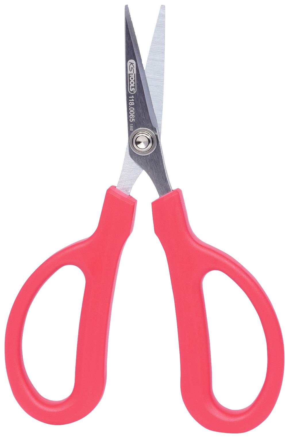 Rote Schere mit Kunststoffgriffen und Metallklingen, in geöffneter Position. Geeignet für Bastel- oder Bürozwecke.