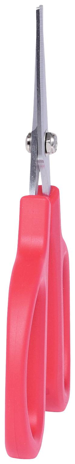 Rote Schere mit langen, dünnen Klingen und großen Griffen, stehend aufrecht.