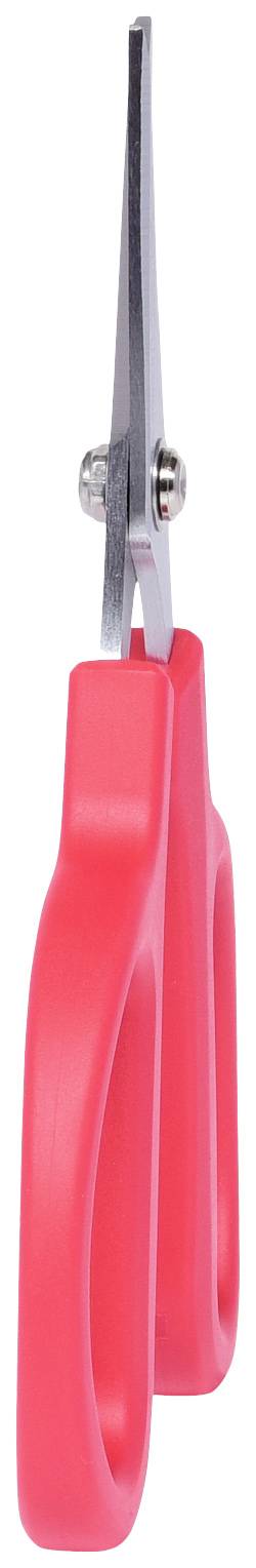 Eine rote Schere mit geraden Klingen, vertikal ausgerichtet, auf weißem Hintergrund.