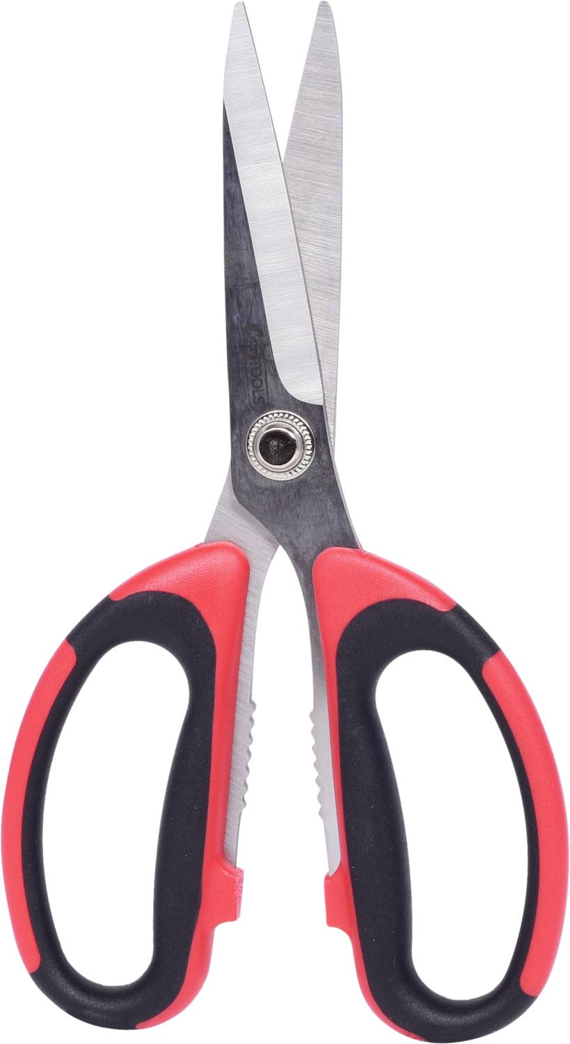 Rote und schwarze Schere mit Metallklingen vor weißem Hintergrund.
