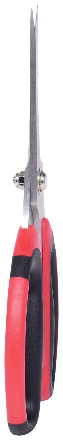 Eine große rote und schwarze Schere, vertikal positioniert mit langen Klingen, geeignet für präzises Schneiden von Blumen oder Pflanzen.