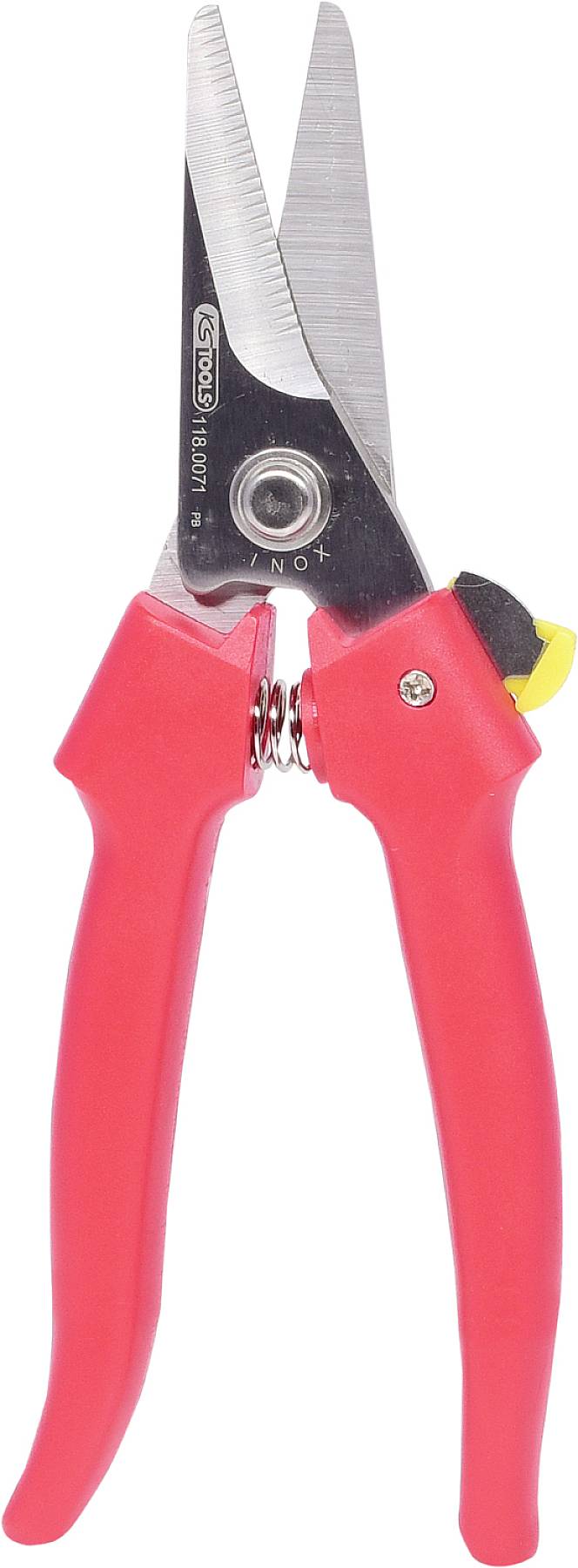 Rote Gartenschere mit silbernen Klingen und schwarzem Sicherheitsverschluss, geeignet zum Schneiden von Pflanzen und Blumen.
