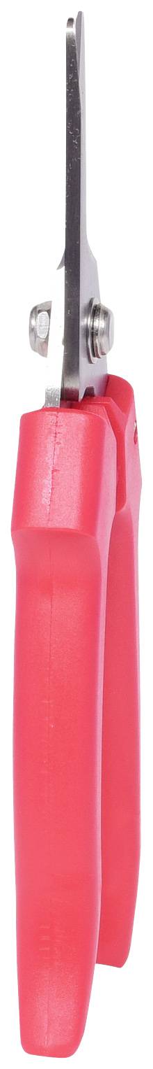 Rote Schere mit Metallklingen und Plastikgriff, von der Seite gezeigt.