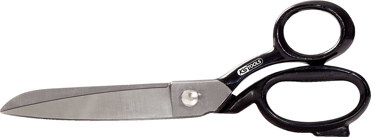 Eine große, schwarze Schere mit Metallklingen liegt auf der Seite. Geeignet für Stoffschneidarbeiten.