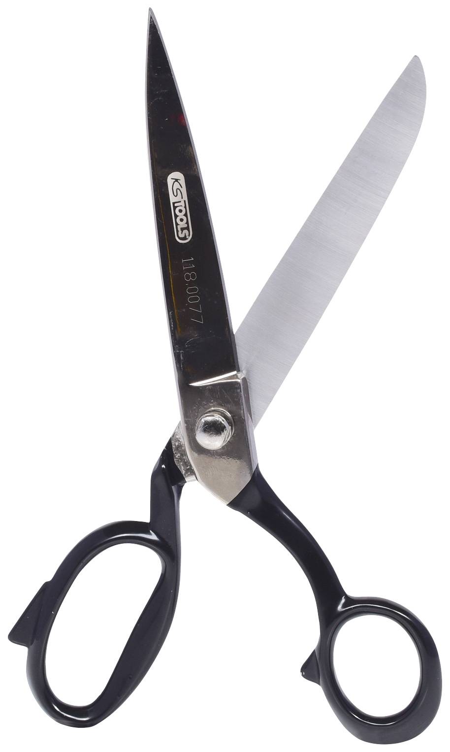 Eine offene Schere mit schwarzen Griffen und einer silbernen Klinge zeigt nach oben. Werkzeugmarkierung sichtbar auf der Klinge.