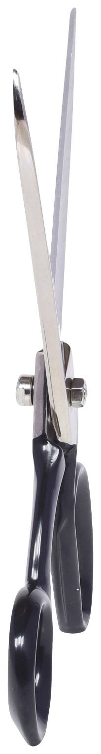 Eine geöffnete schwarze Schere, aufrecht stehend auf den Spitzen der Klingen, vor einem weißen Hintergrund.