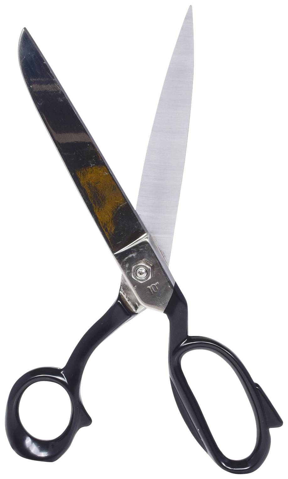 Schwarze Schere in geöffneter Position, schräg von oben fotografiert.