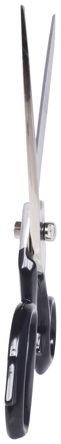 Eine schwarze Schere mit glänzenden silbernen Klingen steht senkrecht.