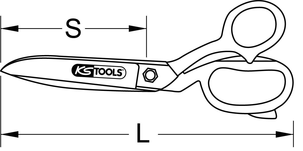 Schere mit zwei Griffen und Maßangaben 'S' und 'L'. Markierung 'KS Tools' auf der Klinge.