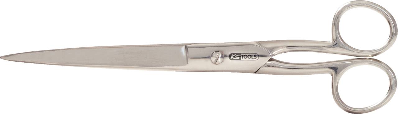 Schere aus Metall, silberfarben, mit zwei runden Griffen und scharfen Klingen. Geeignet für präzises Schneiden in Handwerksarbeiten.