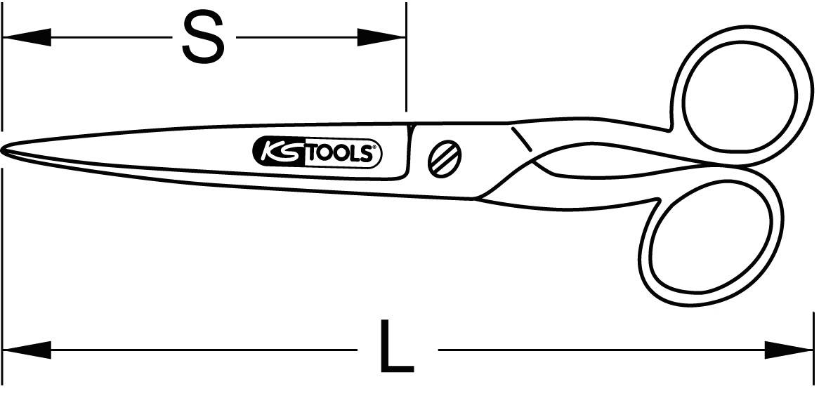 Eine Schere mit zwei Griffen und dünnen Klingen. Sie ist mit 'KS Tools' gekennzeichnet und hat Markierungen für Länge (L) und Breite (S).