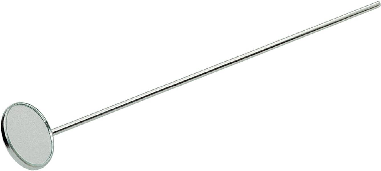 Zahnärztlicher Mundspiegel mit langem, schlankem Griff und rundem Spiegelkopf, typisches Werkzeug zur Untersuchung der Zähne.