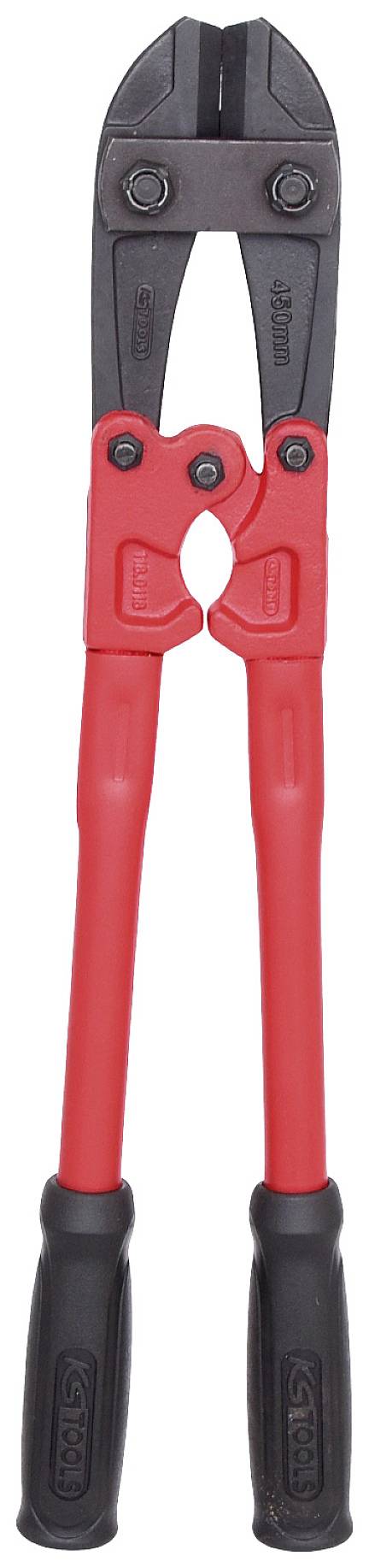 Bolzenschneider mit roten Griffen und schwarzem Schneidkopf, für das Durchtrennen von Metallstangen und Drähten geeignet.