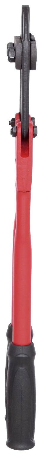 Rote Handbremse in vertikaler Position, zeigt ergonomischen Griff und Verriegelungsmechanismus.