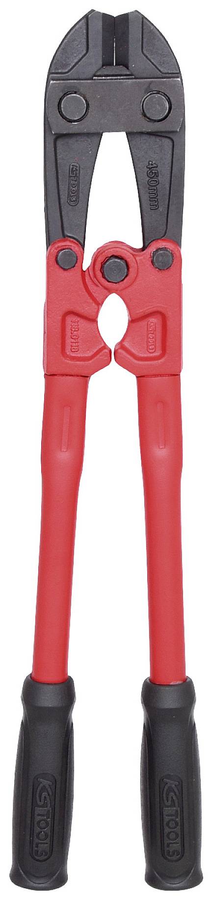 Bolzenschneider mit roten Griffen und schwarzem Schneidkopf, geeignet zum Durchtrennen von dicken Metallstäben oder -kabeln.