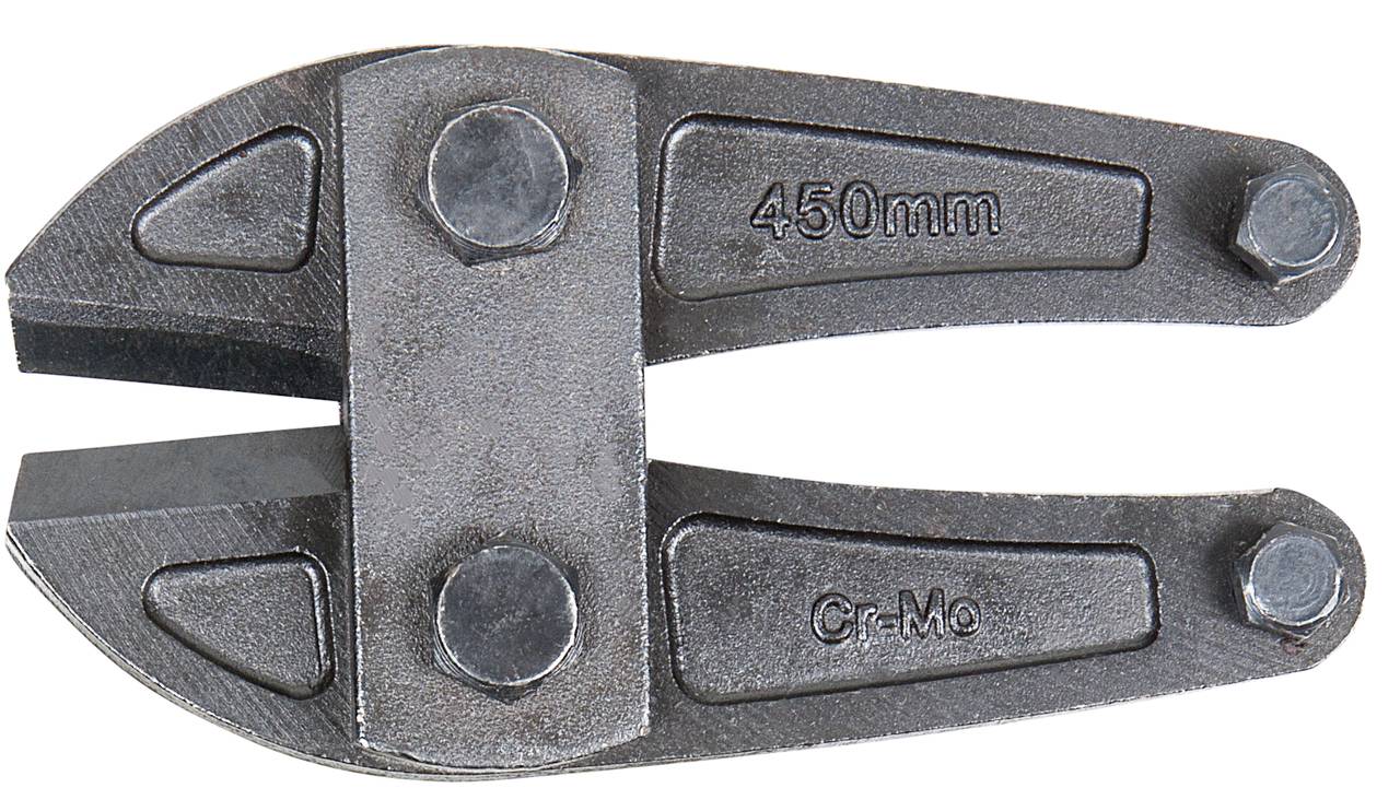 Nahaufnahme eines Metallbolzenschneidkopfes mit der Gravur '450mm' und 'Cr-Mo', passend für Bolzenschneider-Werkzeuge.