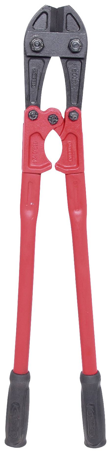 Rote Bolzenschneider mit schwarzen Griffen, geeignet zum Schneiden von dicken Drähten oder Metallen. Werkzeug für schwere Schneidarbeiten.